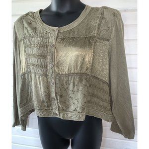 Country Wear Casuals Sz PLUS 3X Women Top Khaki Rayon Button Up L/S Artsy EUC